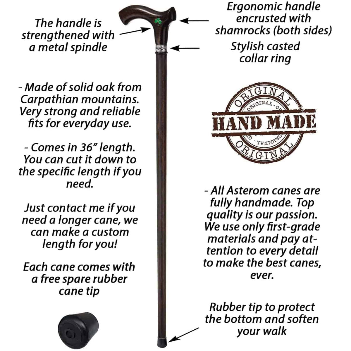 Irish Walking Cane for Men Shamrock Ergonomic Wooden Cane