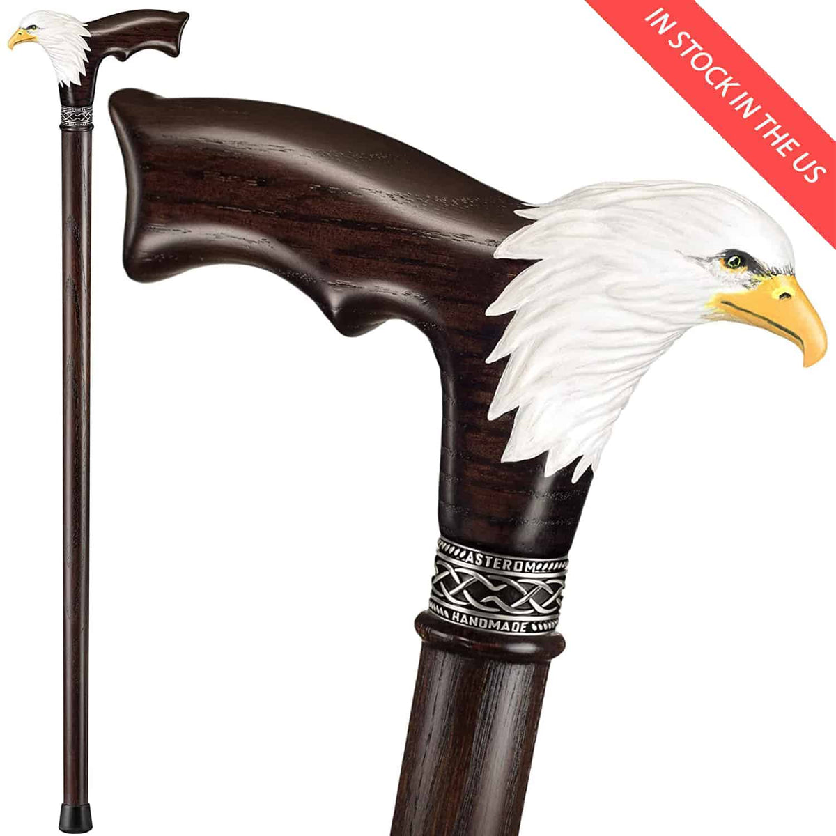 Hand-Painted Bald Eagle Wooden Walking Cane for Men