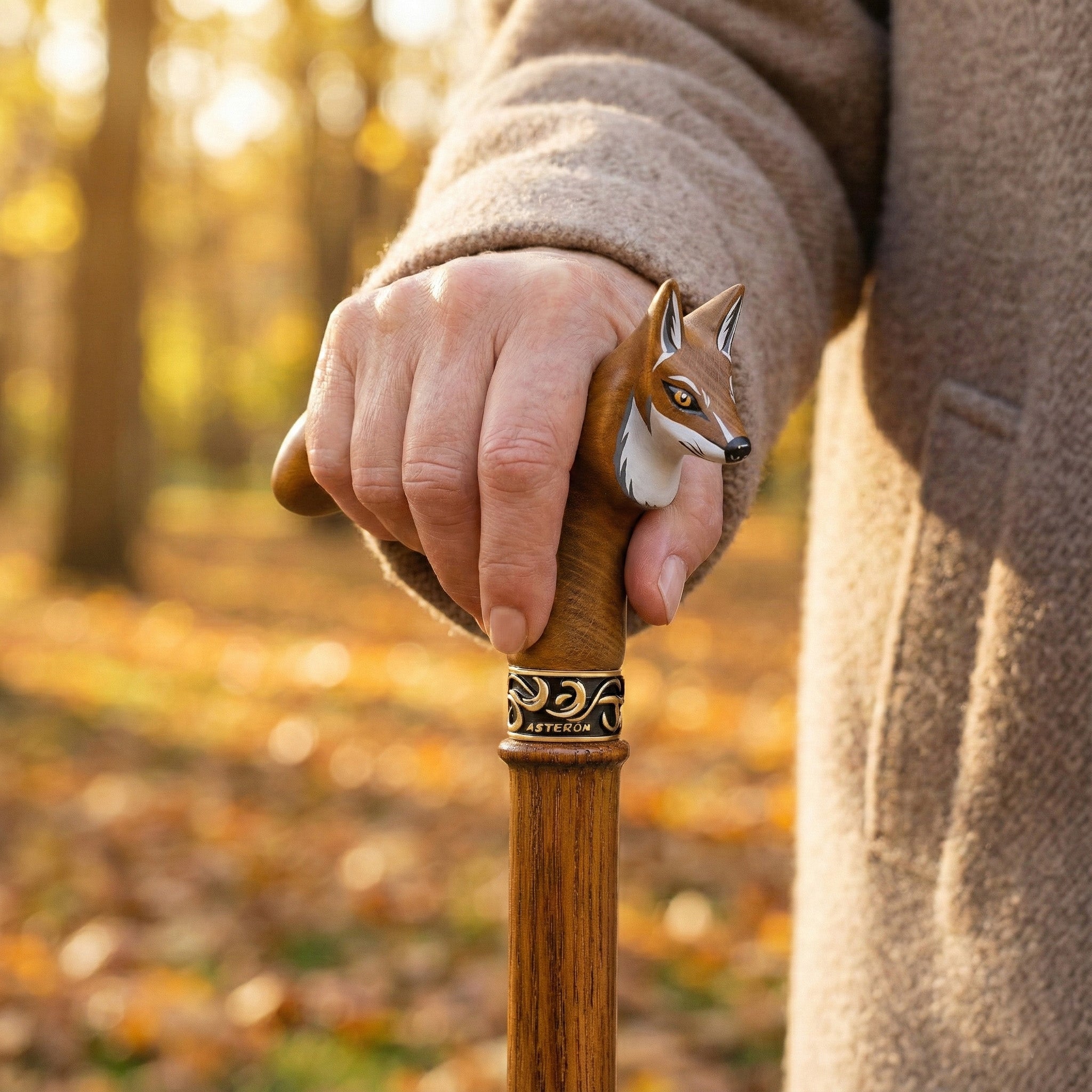Carved & Hand-Painted Fox Walking Cane - Custom Length & Engraving