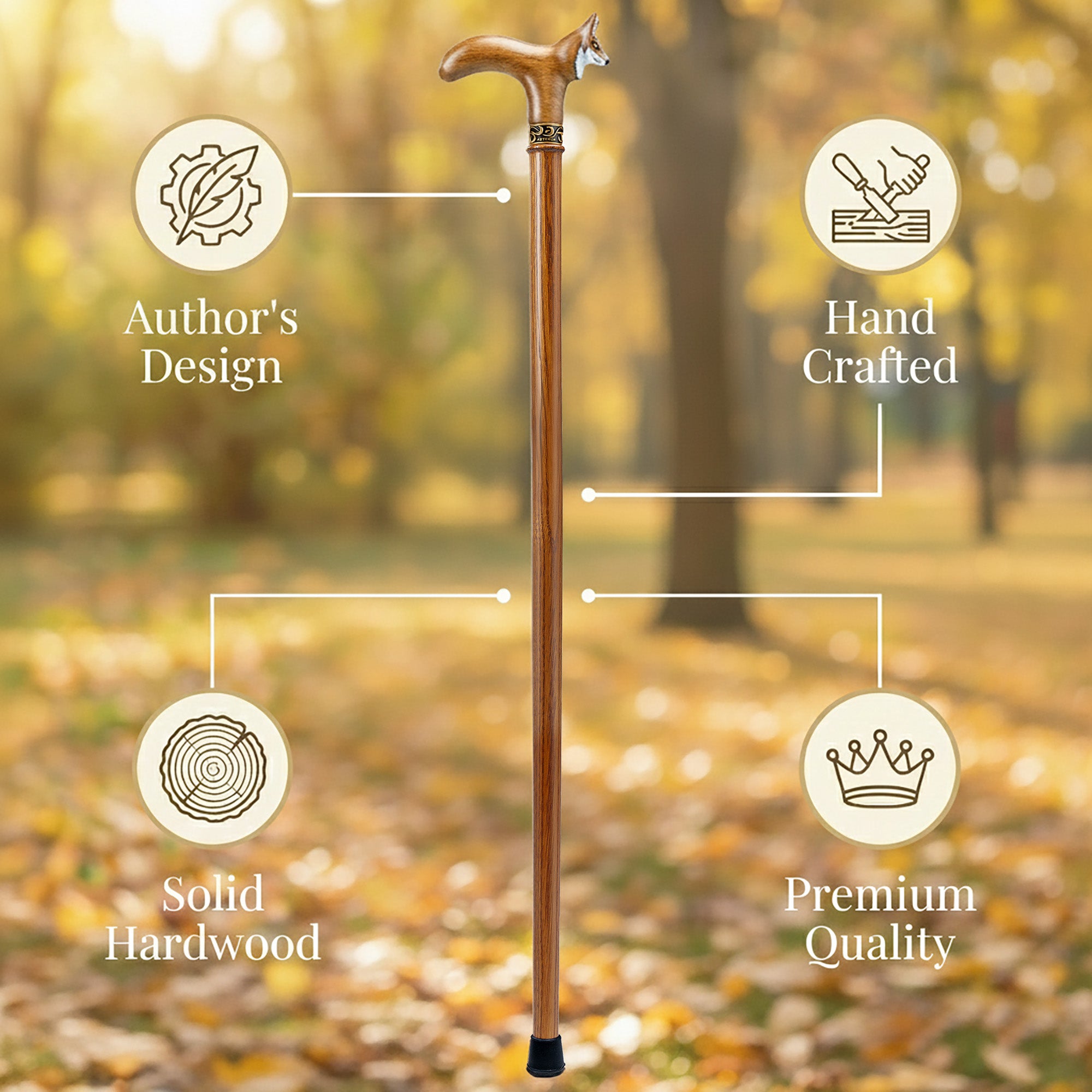 Carved & Hand-Painted Fox Walking Cane - Custom Length & Engraving