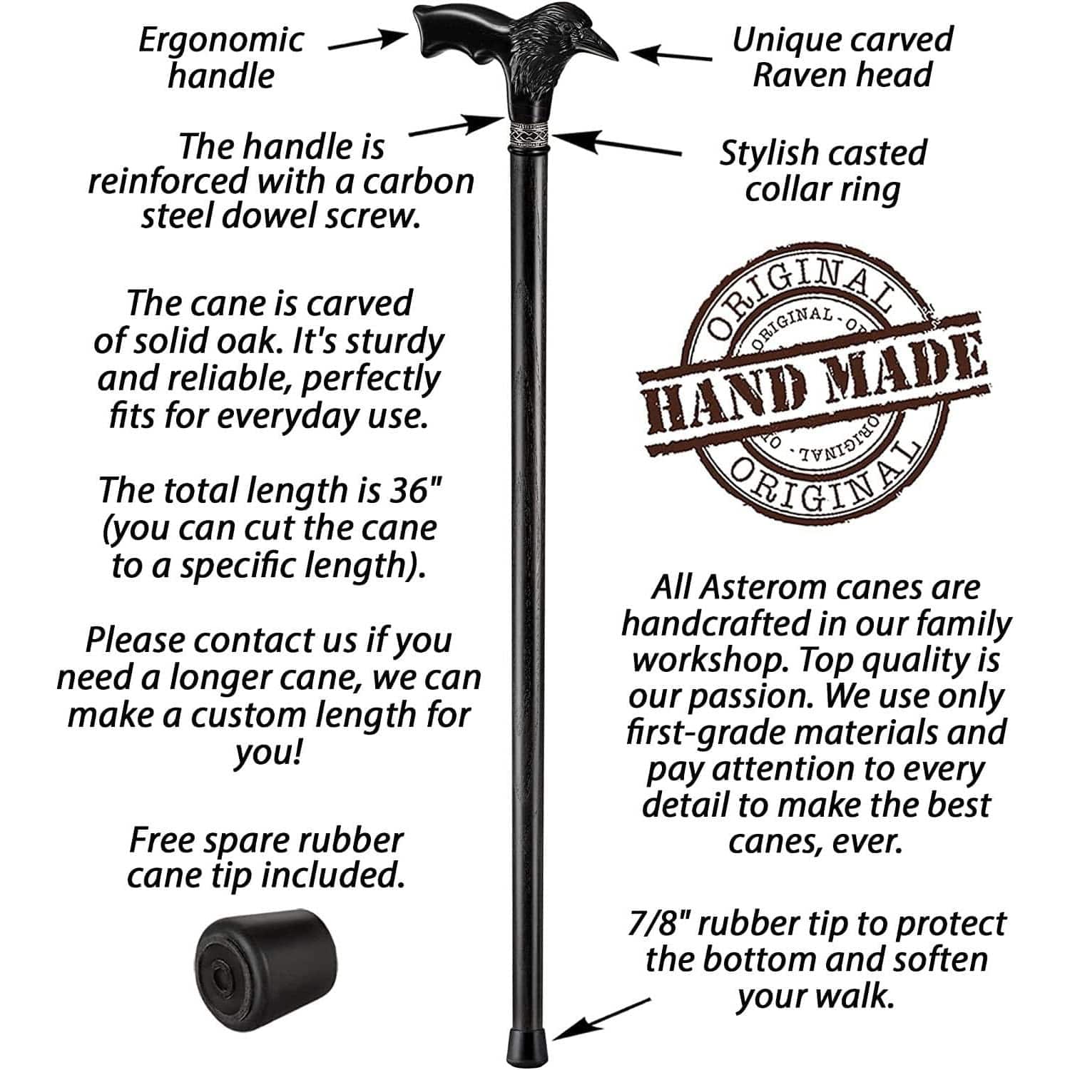 Carved Raven Walking Cane - Black Cane for Men