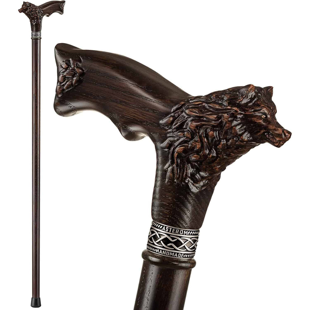 Wolf Fenrir Carved Walking Cane - Custom Length and Color