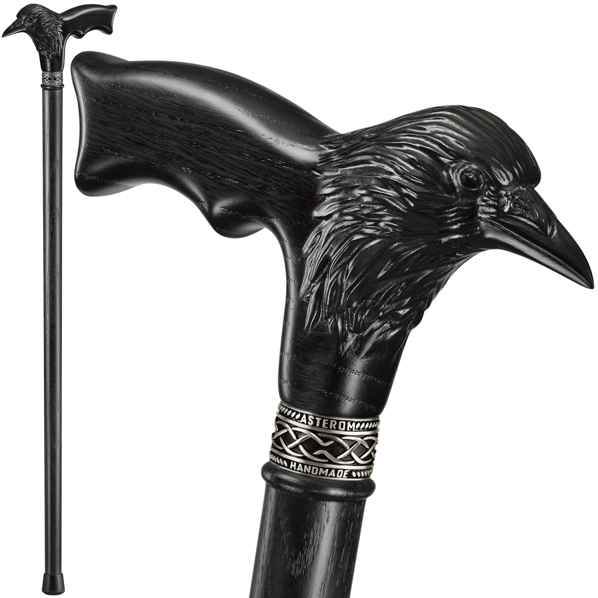 Carved Raven Walking Cane - Black Cane for Men