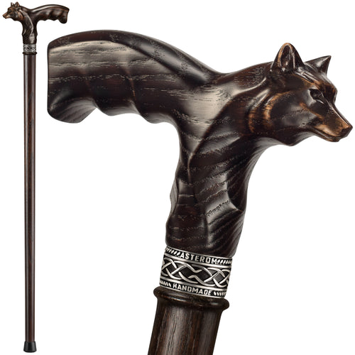Wolf Garmr Carved Wooden Walking Cane - Custom Length and Color