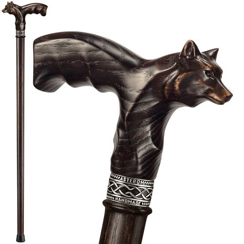 Wolf Garmr Carved Wooden Walking Cane - Custom Length and Color