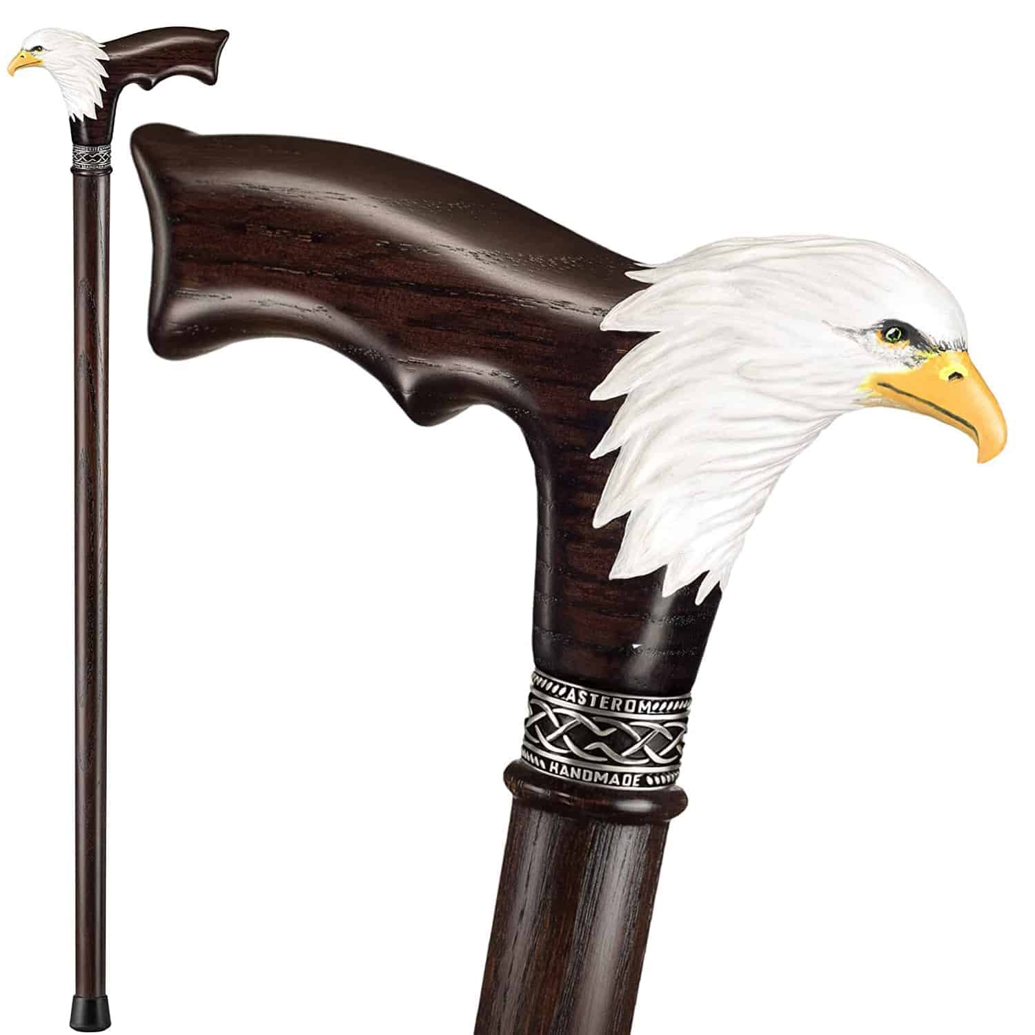 Hand-Painted Bald Eagle Wooden Walking Cane for Men