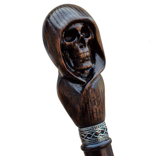 Custom Hooded Skull Walking Cane Sturdy Fully Carved Stick