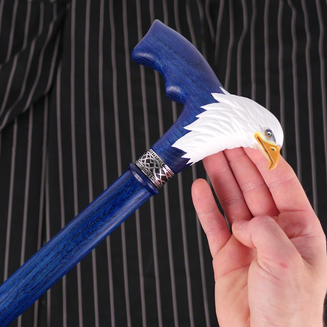 Load video: Hand-Painted Bald Eagle Wooden Walking Cane for Men