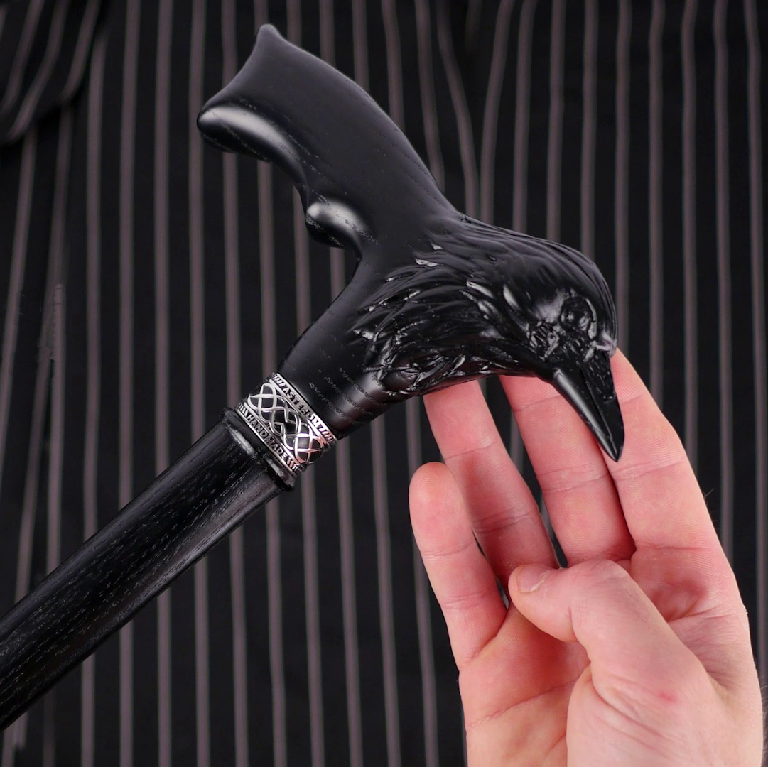 Load video: Carved Raven Walking Cane - Black Cane for Men