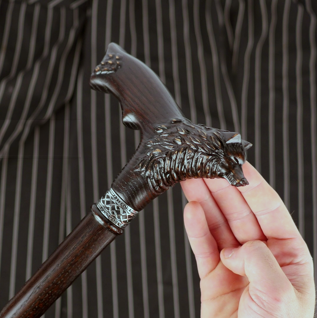 Antique Chrome Wolf Head Handle Wooden Inlay Cane - Victorian Style Walking Stick Gift