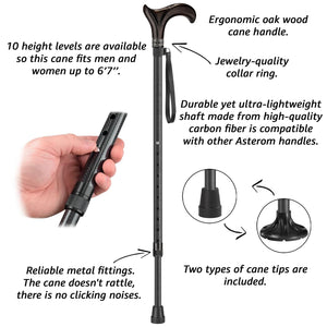 Carbon Adjustable Cane with Derby Wooden Handle