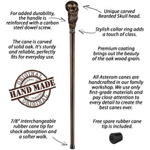 Bearded Skull Walking Cane Sturdy Fully Carved Canes Sticks