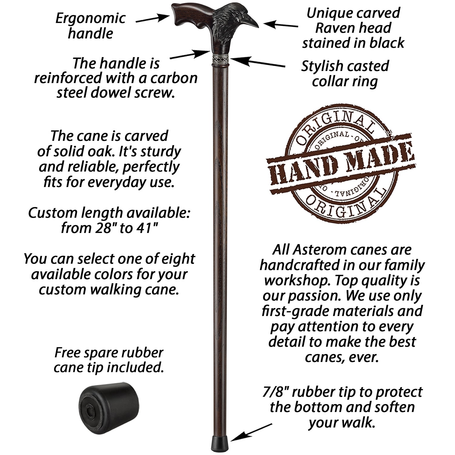 Carved Raven Walking Cane, Custom Length & Color