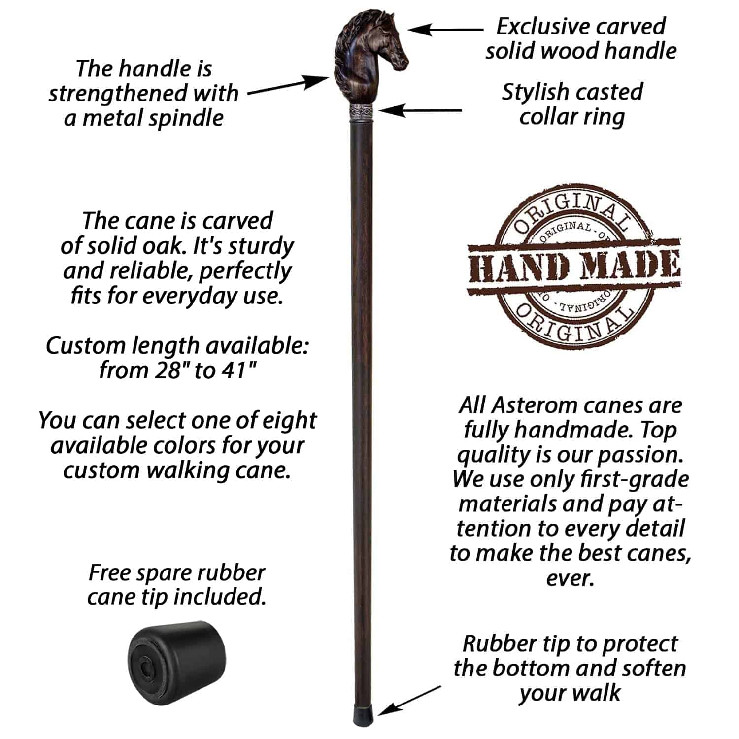 Horse Carved Wood Walking Cane - Custom Length and Color