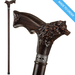 Wolf Fenrir Carved Wooden Walking Cane - Custom Length and Color