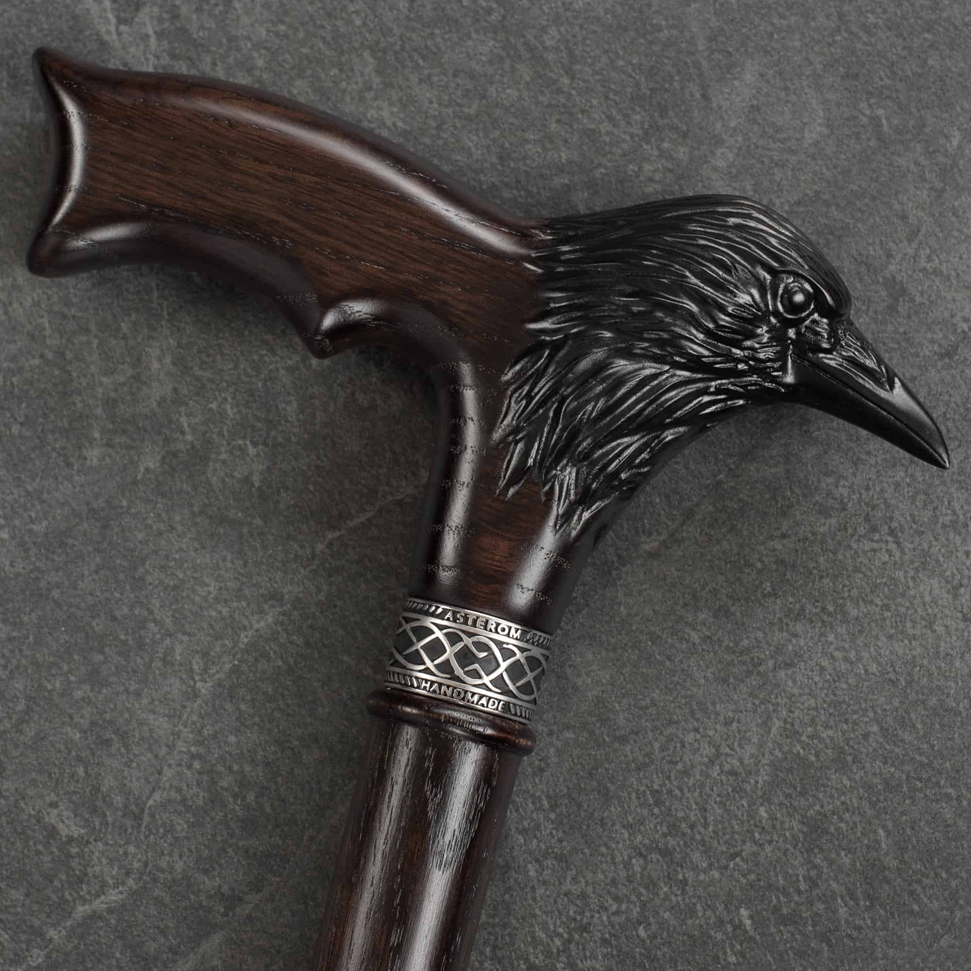 Carved Raven Walking Cane, Custom Length & Color