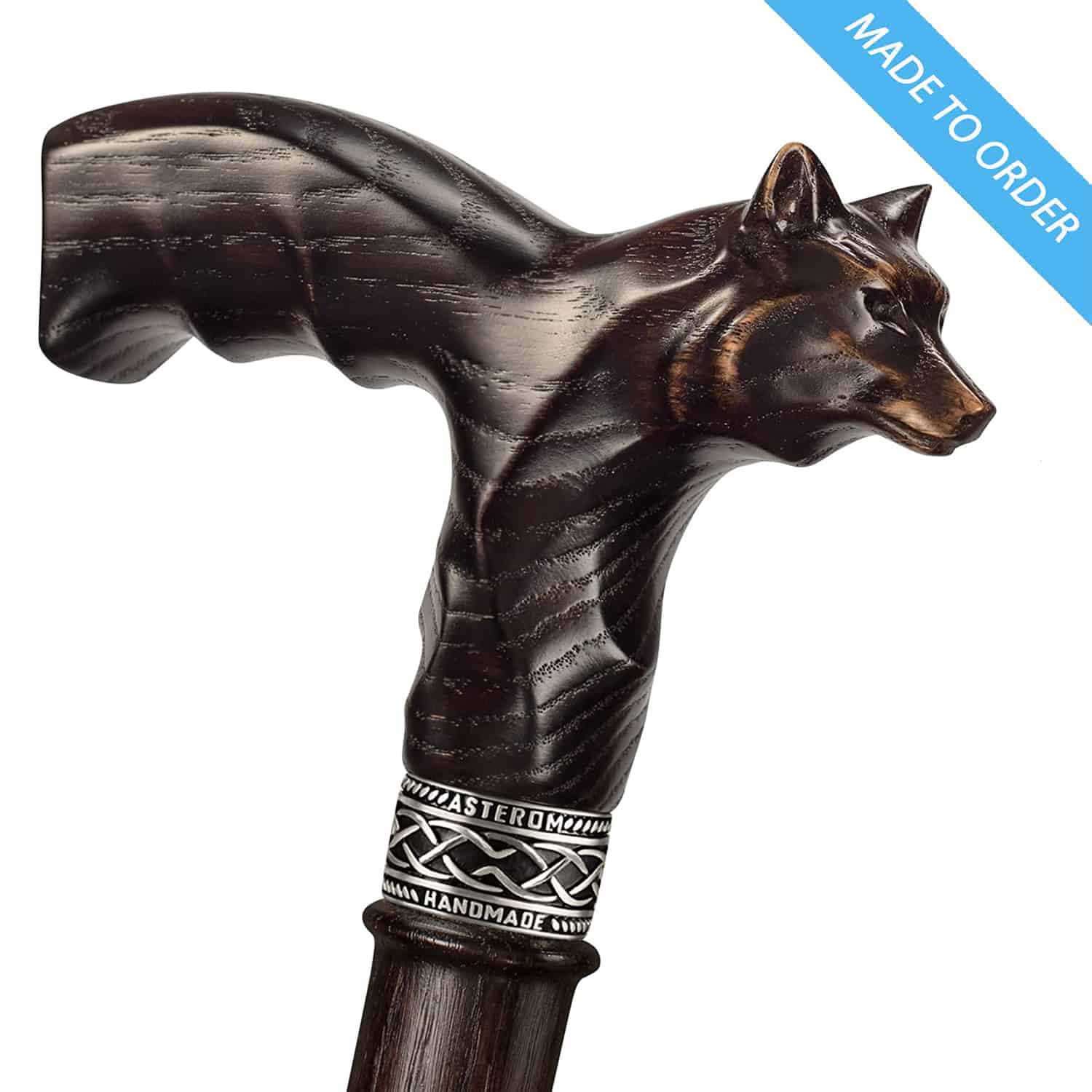 Hand Carved Wolf Garmr Walking Cane for Men Animal Wooden Stick