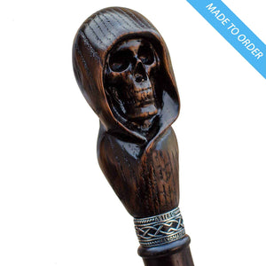 Custom Hooded Skull Walking Cane Sturdy Fully Carved Stick