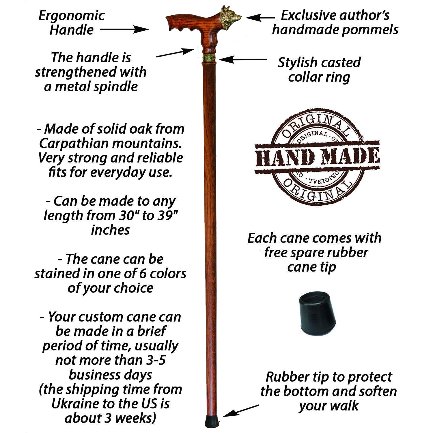 Fox Walking Cane - Custom Length and Color