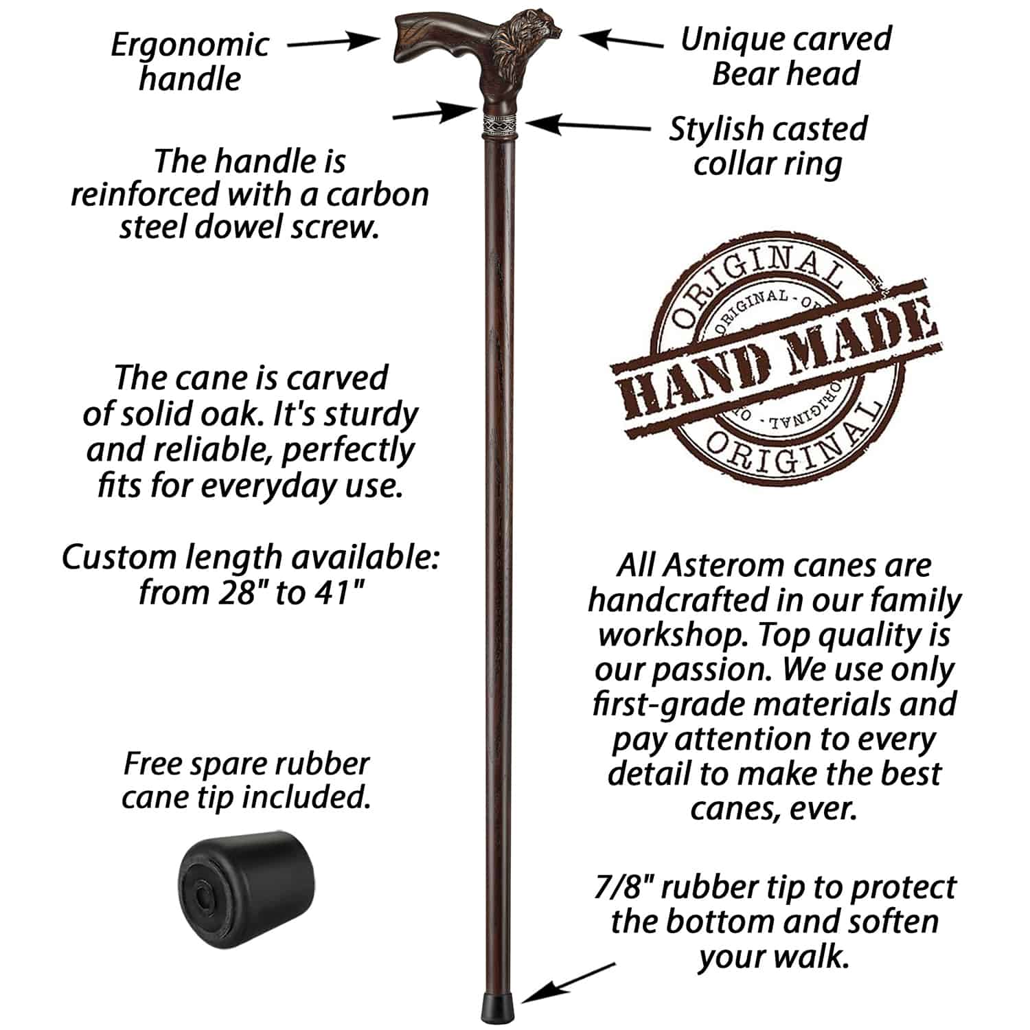 Bear Carved Wood Walking Cane - Custom Length and Color