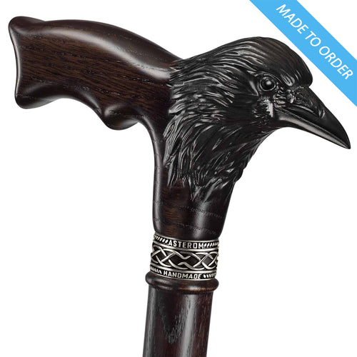 Carved Raven Walking Cane, Custom Length & Color