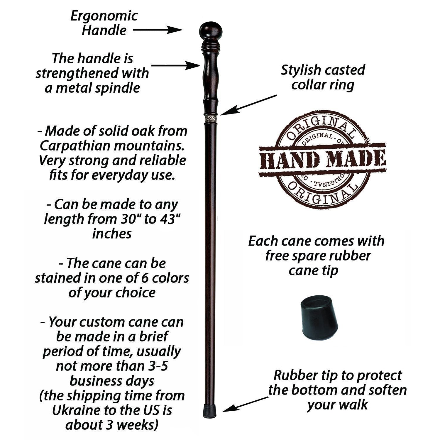 Knob Walking Stick Sturdy Wooden Cane - Custom Length & Color